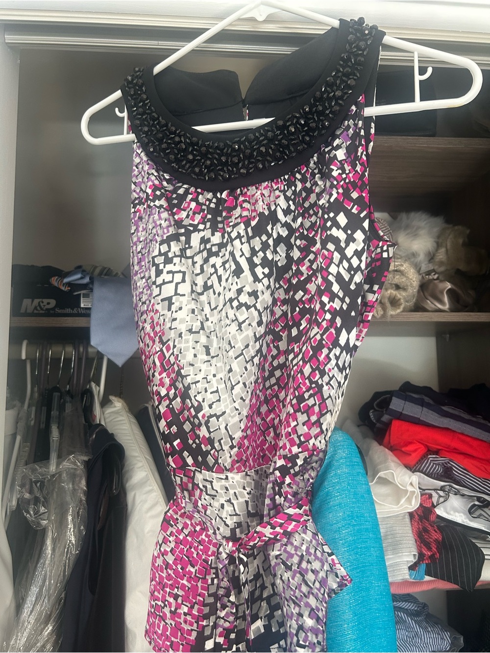 Dress Barn Pink, Black & White Beaded Collar Sleeveless Top